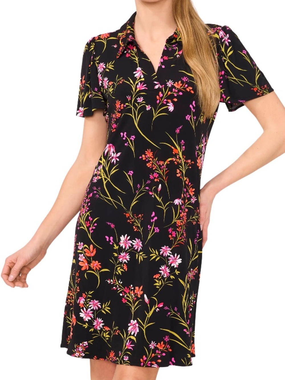 CeCe Short-Sleeve Printed Knit Polo Dress Black Floral Stretchy Womens Small